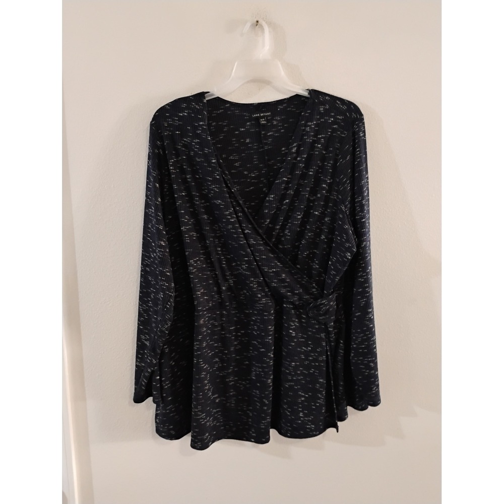 Lane Bryant Faux Wrap Top Navy Space Dye Ribbed Long Sleeve V-Neck Plus 26/28